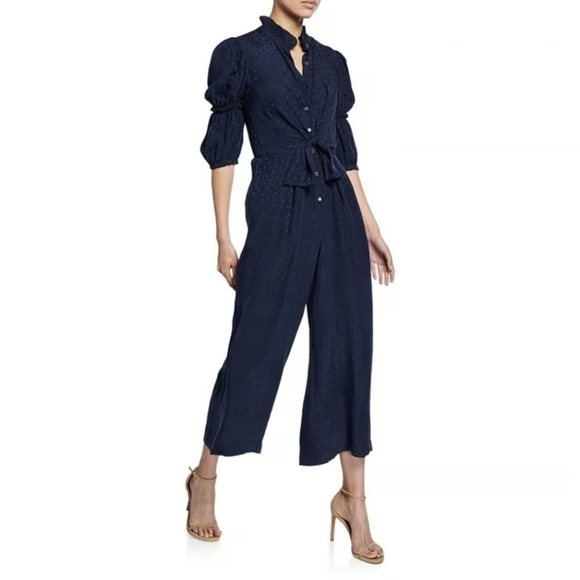 Rebecca TAYLOR silk Jacquard Wide Leg Navy Jumpsuit Size 4 - Picture 1 of 16